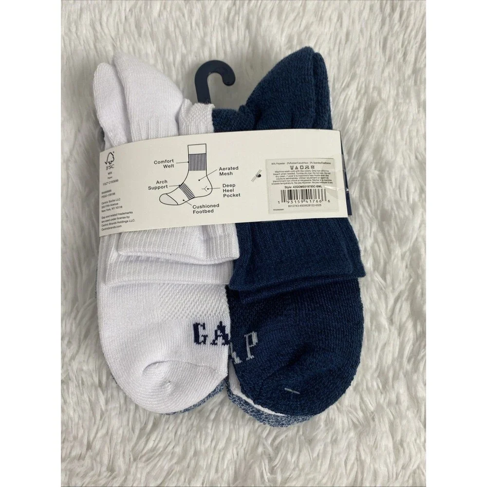 Gap Socks Men’s 6 Pair Navy Blue White Cushioned Mid Crews Casual Size 6-12